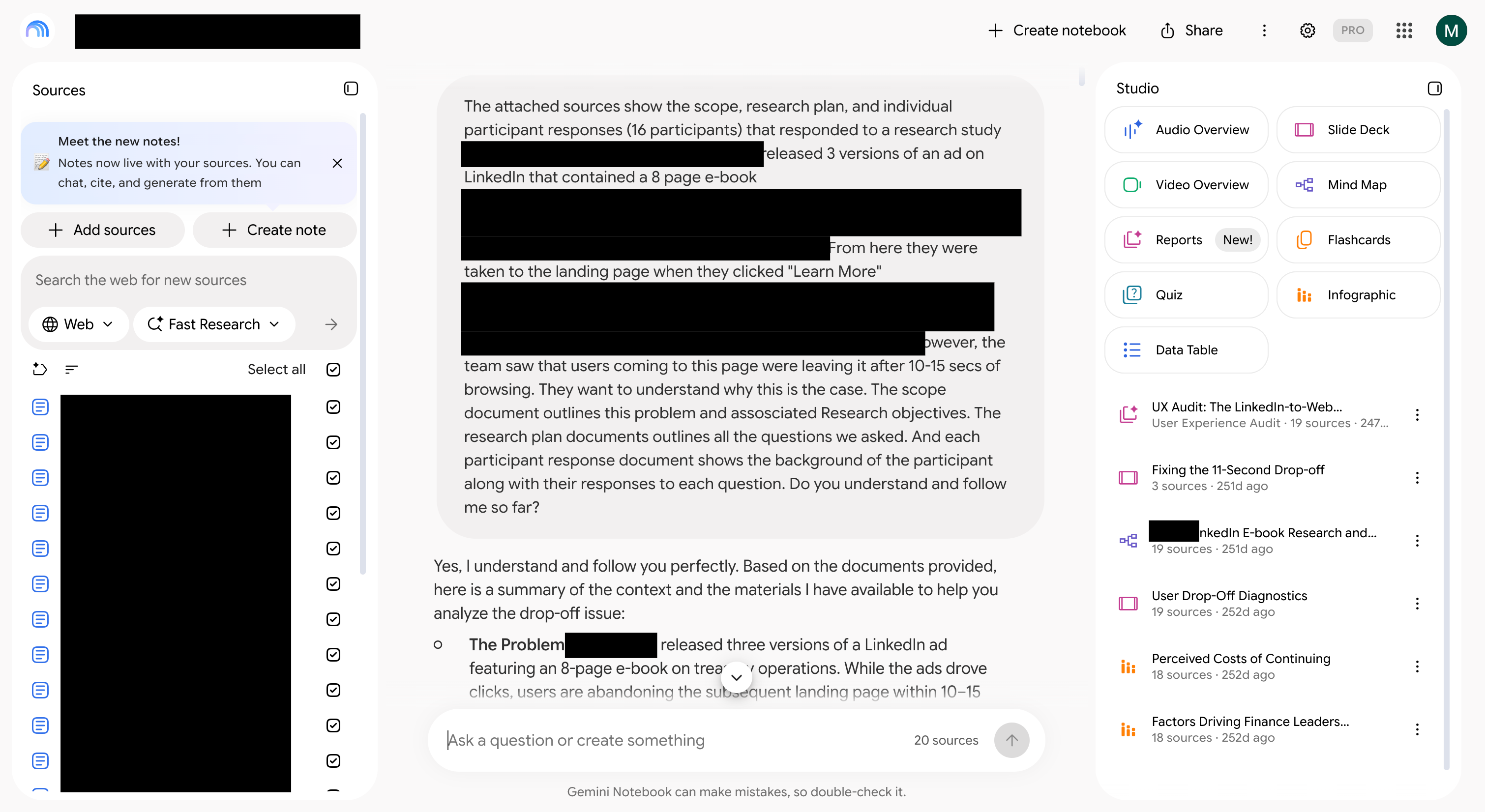 Gemini Notebook with participant sources listed individually, an opening context prompt and the model's summary