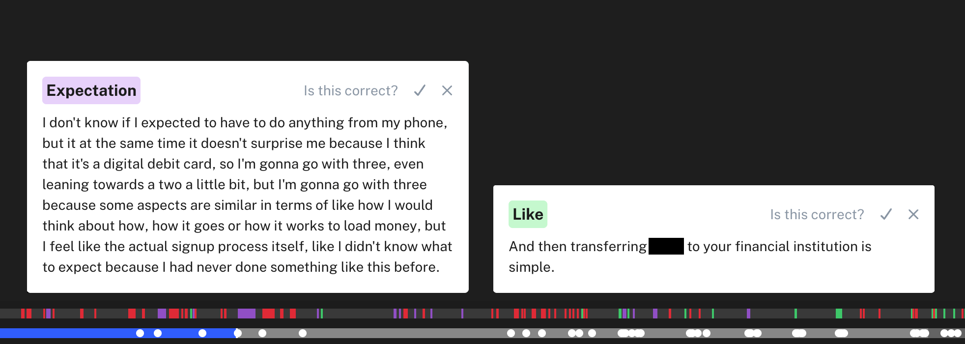 Interview video timeline with AI-suggested sentiment tags, Expectation and Like, each asking 'Is this correct?'