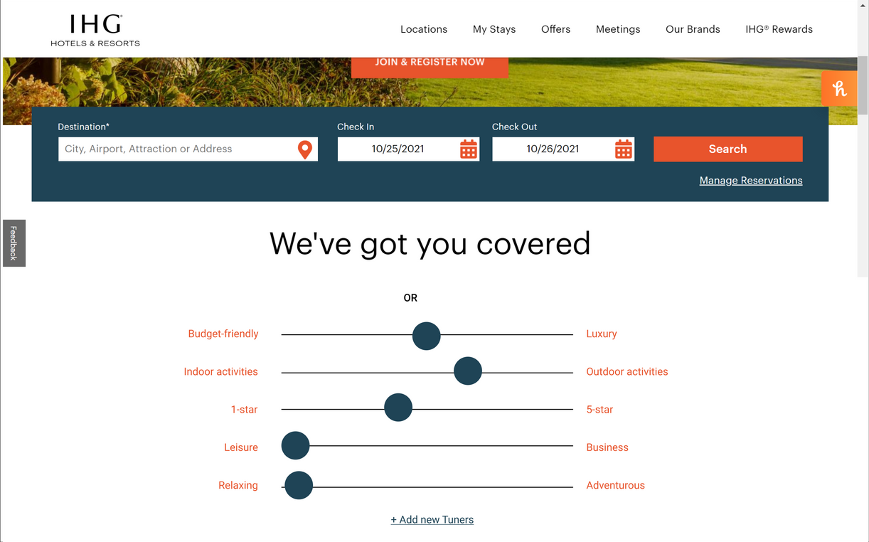 Stay Tuners concept: sliders for budget, activities, stars, purpose and pace