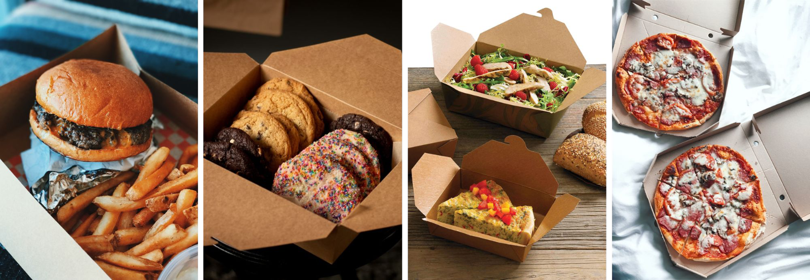 Burgers, sandwiches and pizza in generic takeout boxes