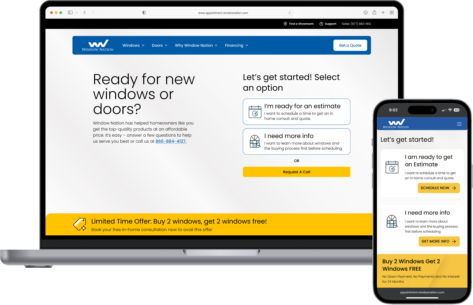 Window Nation appointment site on laptop and phone
