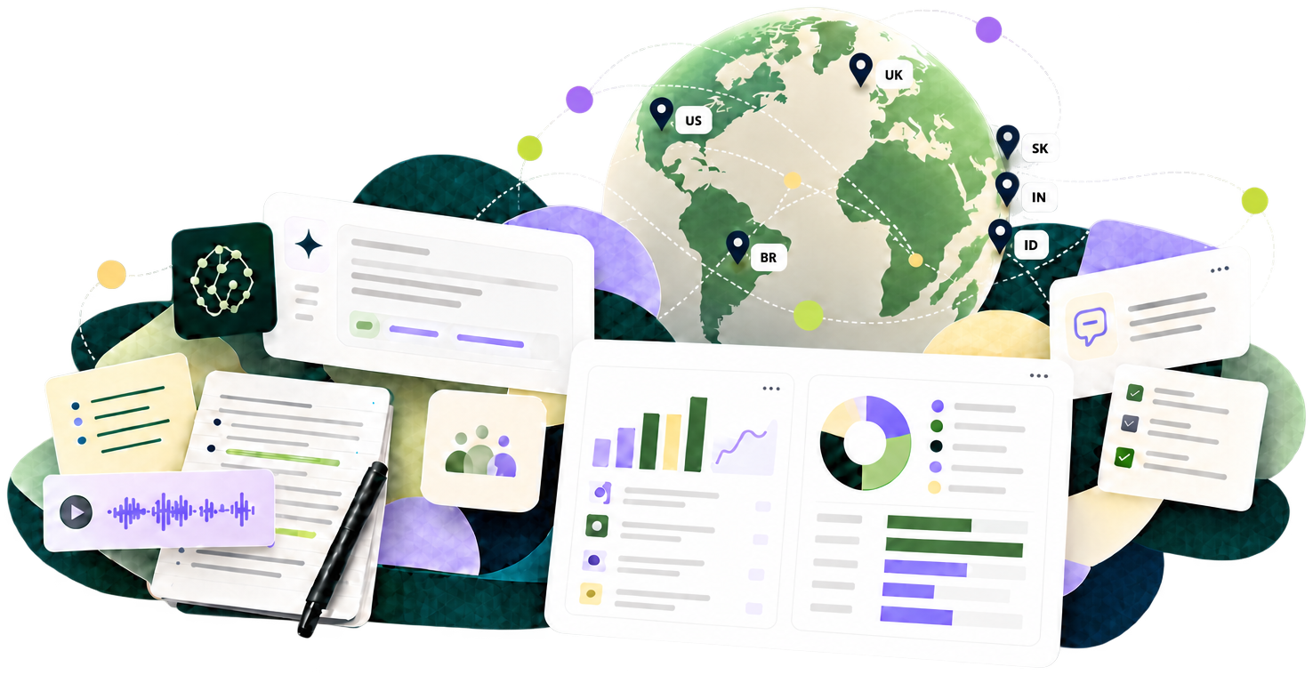 Global research illustration with globe, dashboards and audio notes